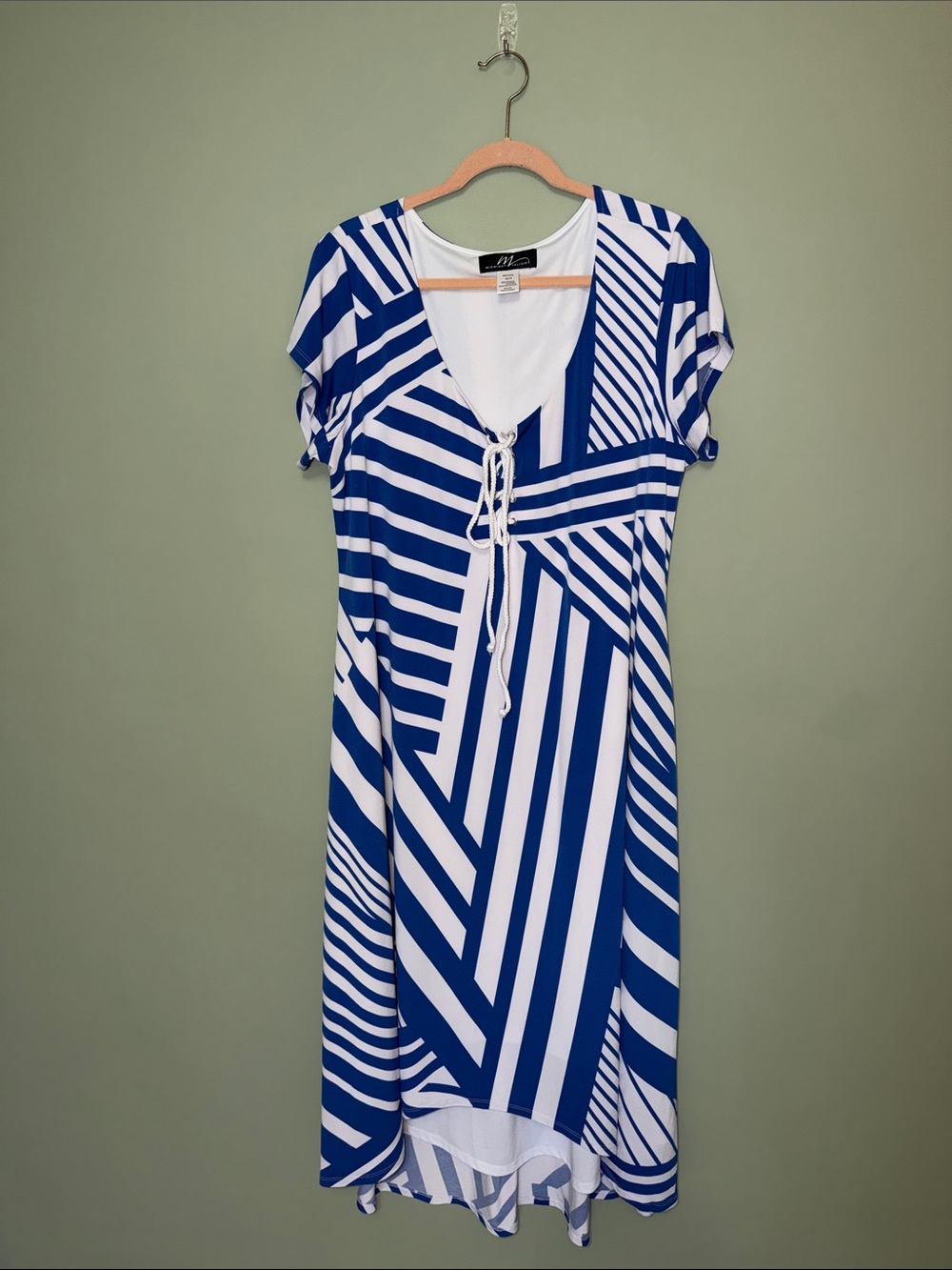 Midnight Velvet Geometric Blue White High Low Dress 1X V Neck